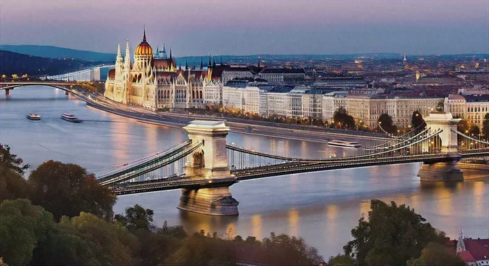 A cityscape of Budapest in Hungary, with the river in the foreground