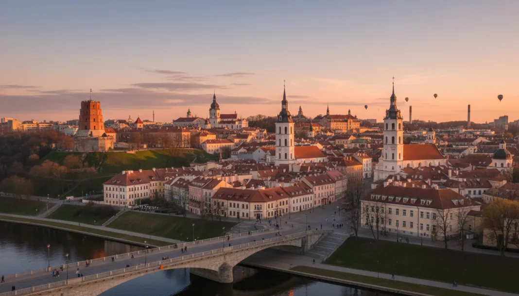 A cityscape of Vilnius in Lithunania with the river in the foreground