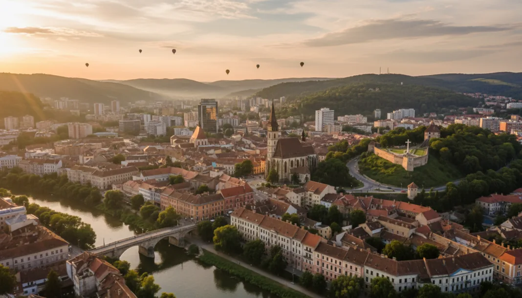 A cityscape of Cluj in Romania - with the river in the foreground.