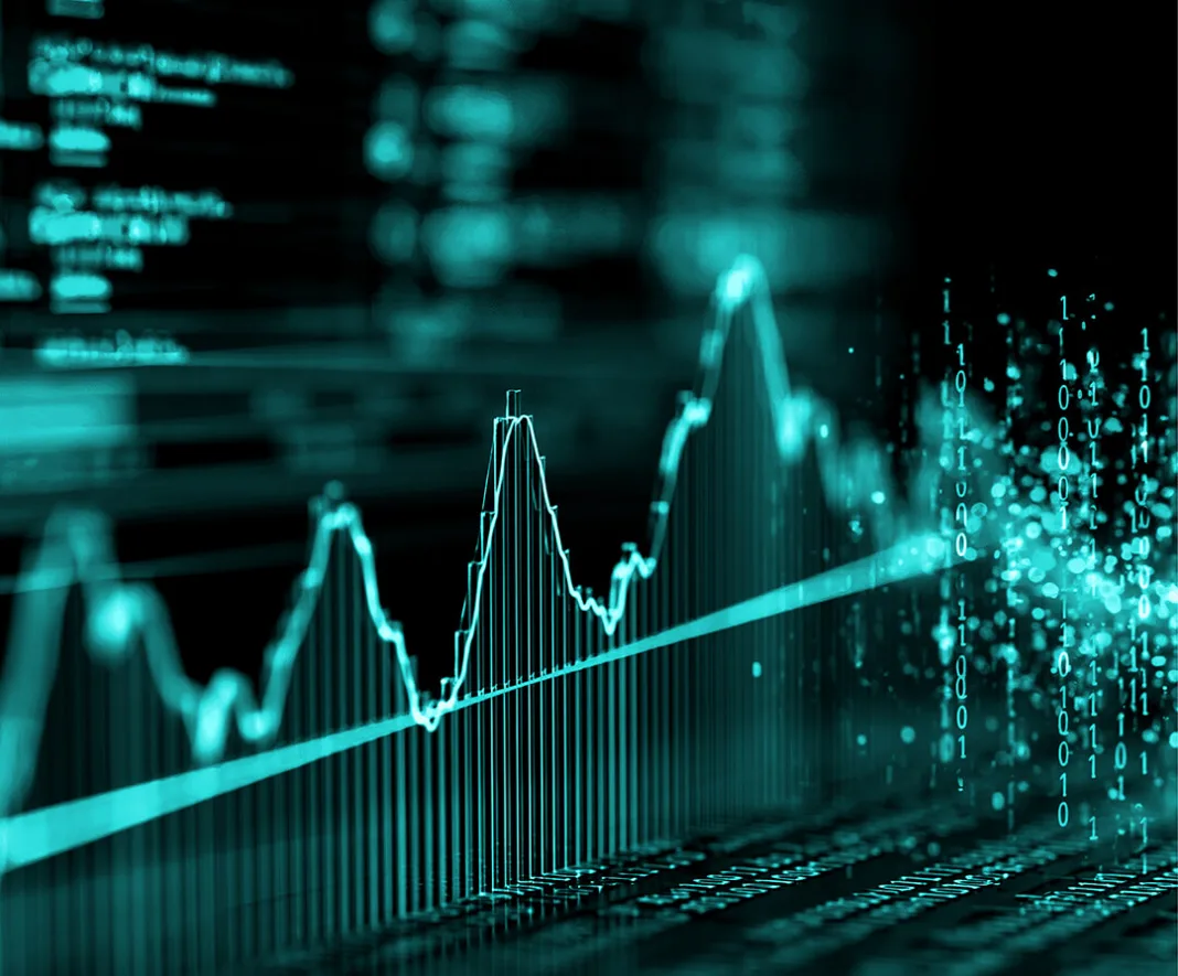 Glowing teal financial chart blending with cascading binary code, illustrating scalable AI in banking and data analysis.