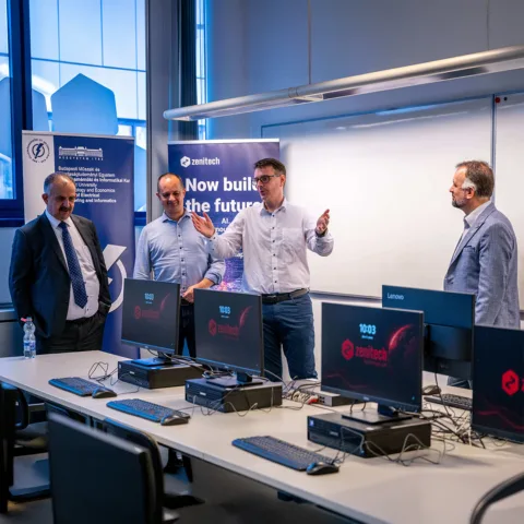 Four males in suits in a technology lab screens and desktops computers in front of them, a white board to the side and windows with the Zenitech hexagon and two banners one for Zenitech and one for Budapest University