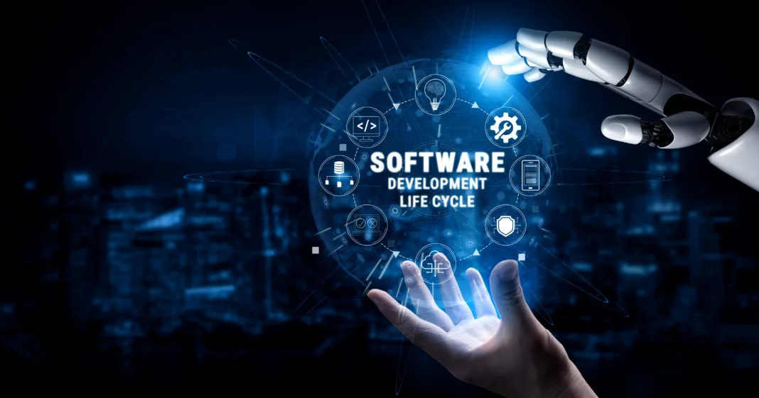 A circle hovering on a human hand - with a robotic hand above - signifying AI. The circle represents the Software Development Lifecycle with icons representing each stage.